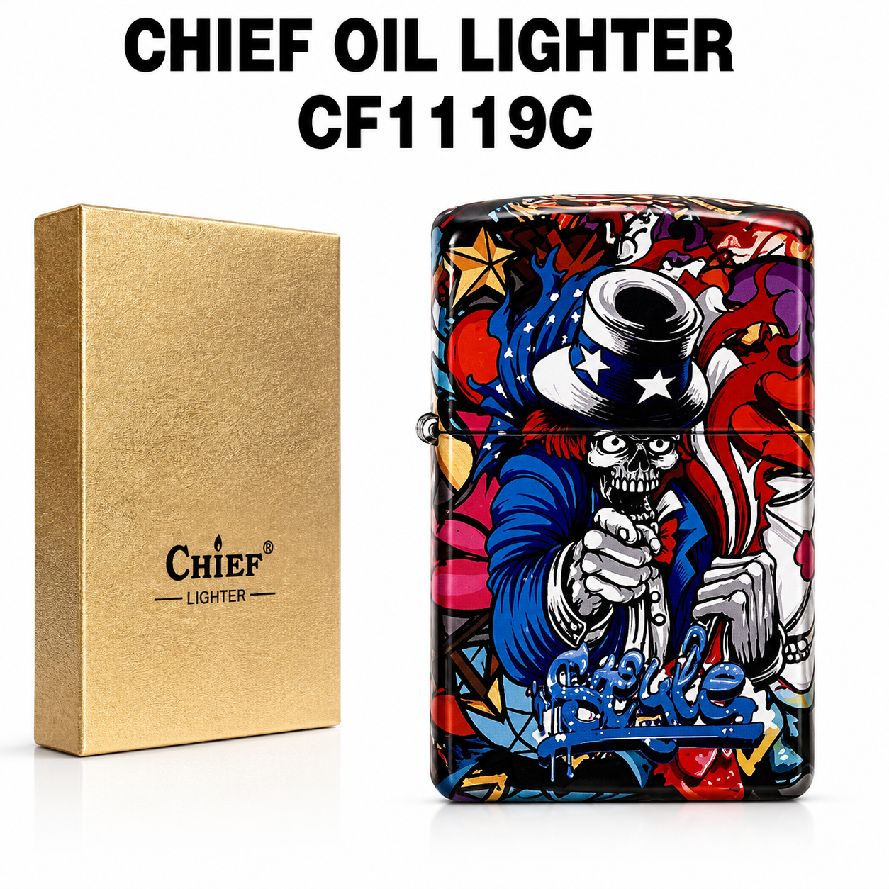 Lighter Chief Oil CF1119C USA Skeleton available from Brown Bear Brisbane